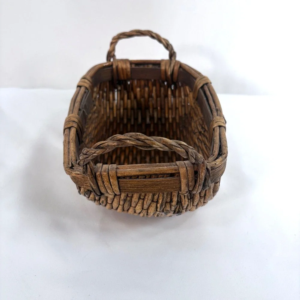 Vintage Chinese Woven Willow Basket Brown Woven Handles Wabi-Sabi